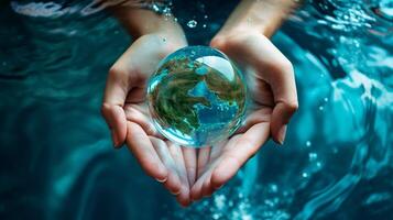 a turquoise blue water background, with a close-up of a woman's hands holding a globe, AI-Generated photo