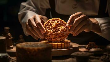 a skilled pastry chef carefully assembling and garnishing moon cakes, AI generated photo