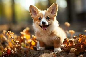 A cute corgi dog sitting outdoor. AI generated. photo