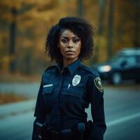 hermosa africano americano hembra policía oficial caminando en el ciudad. ai generativo foto