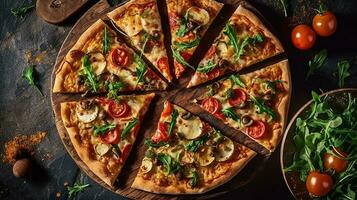 Slices of vegetarian pizza with tomatoes, arugula, mushrooms on a wooden board, top view. Food photograph for restaurant, cafe, magazine, website. AI Generative photo