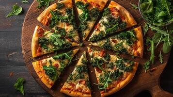 Slices of vegetarian pizza with cheese, greens, on wooden board, top view. Food photography for restaurant, cafe, magazine, website. AI Generative photo