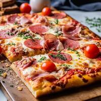 Homemade American pizza with salami, tomatoes, cheese on a wooden board, close-up. Food photograph for restaurant, cafe, magazine, website. Ai Generative photo