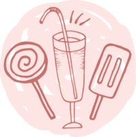 snoepgoed en sap Aan een ronde roze achtergrond. hoogtepunt omslag, sociaal media ontwerp, icoon, embleem, logo. tekening stijl illustratie png