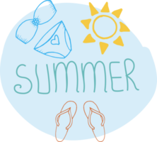 The word SUMMER on a blue background. Highlight cover, social media design, icon, emblem, logo. Illustration swimsuit, sun, flip flops in doodle style png