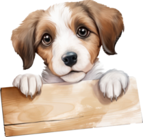 schattig baby hond met houten teken illustratie. ai gegenereerd png