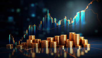 Business candle stick graph chart of stock market investment trading on blue background. Bullish point, up trend of graph. Economy design. AI Generated png