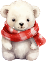 söt polär Björn med röd scarf tecknad serie vattenfärg. ai genererad png