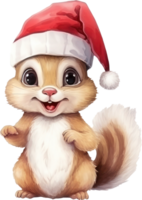 Cute squirrel with red hat cartoon watercolor. AI Generated png