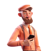 3D icon avatar cartoon hipster character, stylish smiling man with phone, people close up portrait on isolated on transparent png background. Generative ai