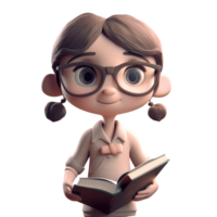 3D icon avatar cute Teenage girl going to school. Pupil with Student walking and carry studentbooks. Cartoon Scene of first day or schooling on isolated on transparent png background. Generative ai