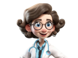 ung leende kvinna läkare med glasögon, medicinsk specialist medicin begrepp. söt 3d ikon människor karaktär illustration. tecknad serie minimal stil på isolerat transparent bakgrund png. generativ ai png