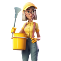 3D icon cute Young woman housewife cleaning the floor with a mop, people activity, daily routine cartoon style on Isolated Transparent png background. Generative ai