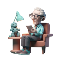 3d Symbol süß ein älter männlich Großvater liest während Sitzung im ein Stuhl. Alten Menschen sind Karikatur Figuren. alt Alter auf isoliert transparent png Hintergrund. generativ ai