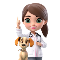 3d icona carino giovane veterinario donna con cane cartone animato stile su isolato trasparente png sfondo. generativo ai