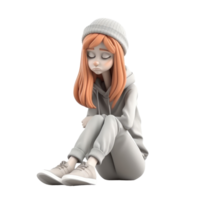 3d icon illustration lonely stress woman sitting young subdued female character sad thoughts. Depressed people concept on Isolated Transparent png background. Generative ai