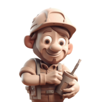 cute icon 3D Builder man or in professional uniform, helmet and dungarees. Repair service, laborer or constructor work Cartoon minimal style on isolated transparent background . png