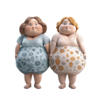 Cute 3d icon Fat two woman character illustration people. Positive body plus size Cartoon minimal style on isolated transparent background png. Generative ai png