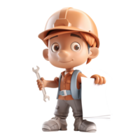 linda icono 3d constructor fontanero hombre o ingeniero en pie en profesional uniforme, casco y mono participación un póster en su manos. reparar servicio, obrero o trabajo transparente png. generativo ai png