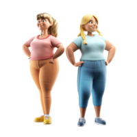 Cute 3d icon Fat two woman character illustration people. Positive body plus size Cartoon minimal style on isolated transparent background png. Generative ai png