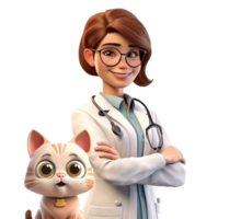 3d icono linda joven veterinario mujer con gato dibujos animados estilo en aislado transparente png antecedentes. generativo ai