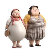 Cute 3d icon Fat two woman character illustration people. Positive body plus size Cartoon minimal style on isolated transparent background . png