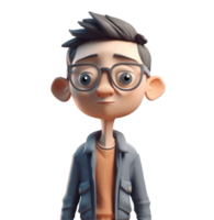 3D icon avatar cartoon character, stylish man with glasses, cartoon close up portrait on isolated on transparent png background. Generative ai