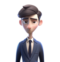 3d icon puzzled avatar cartoon concerned character man businessman in business suit looking at camera on Isolated Transparent png background. Generative ai