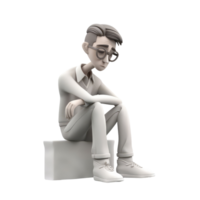 3d icon illustration lonely stress man sitting young subdued male character sad thoughts. Depressed man concept on Isolated Transparent png background. Generative ai