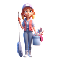 3d Symbol süß jung Frau Hausfrau Reinigung das Fußboden mit ein Mopp, Menschen Aktivität, Täglich Routine Karikatur Stil auf isoliert transparent png Hintergrund. generativ ai