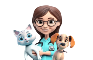 3D icon cute Young veterinarian woman with dog and cat cartoon style on Isolated Transparent png background. Generative ai