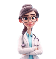 Jeune souriant femme médecin, médical spécialiste médicament concept. mignonne 3d icône gens personnage illustration. dessin animé minimal style sur isolé transparent Contexte png. génératif ai png