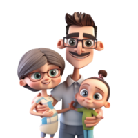 3d icono linda contento joven familia. papá, mamá, hija juntos ilustración en dibujos animados estilo personas en aislado transparente png antecedentes. generativo ai