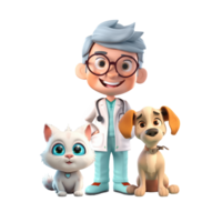 3d icona carino veterinario uomo con gatto cartone animato stile su isolato trasparente png sfondo. generativo ai