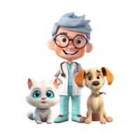 3D icon cute veterinarian man with cat cartoon style on Isolated Transparent png background. Generative ai