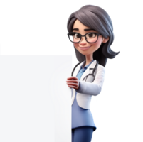 femme médecin en portant une maquette affiche pour votre texte médical spécialiste médicament concept hôpital mignonne 3d icône gens personnage illustration. dessin animé minimal style sur isolé transparent Contexte png