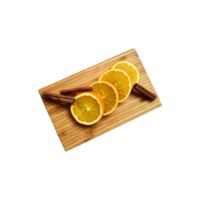 naranja Fruta rebanadas y canela palos en de madera corte tablero parte superior ver plano, suave atención recorte camino, orgánico sano comida dieta concepto png