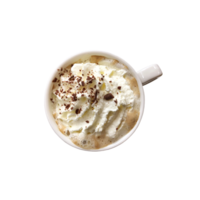 un taza de caliente capuchino café con azotado crema y pedacitos de chocolat en parte superior de él, parte superior ver aislado objeto recorte camino, suave atención png