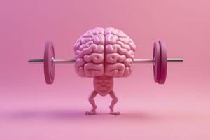 Human brain lifting weights. 3D brain lifting a heavy dumbbell. Mind training, memory health, Alzheimer's prevention, brain training, education, study and menthal health concept. photo