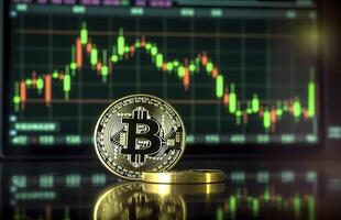 Bitcoin with green graph on computer screen background, Crypto currency trading. photo