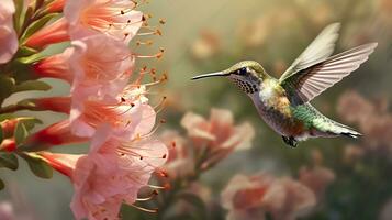 Hummingbird flying to pick up nectar from a beautiful flower. Digital artwork. AI Generative photo