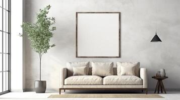 Modern cozy mock up and decoration furniture of living room and empty canvas frame on the white wall texture background, 3D rendering. AI Generative photo