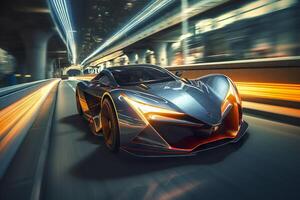 Fast Shutter Speed Creates Dynamic and Action Packed Image of Futuristic Car. photo