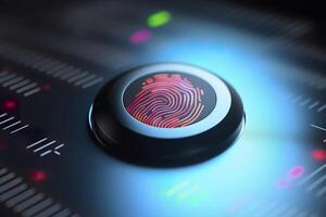 Fingerprint Authentication Button. Biometric Security. Identification and cyber security concept. Glowing neon fingerprint on dark background. photo