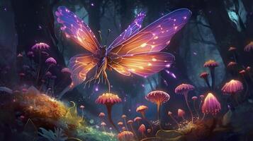 background fairy wood with a single path, zoom on a small portion of the path and add trees, moss, fireflies and mushrooms as additional decorations. photo