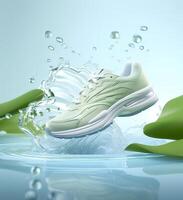 Fresh fly running shoes in water and wind in the style of natural patterns light white and light indigo ethereal illustration light blue and light green delicate still life. photo