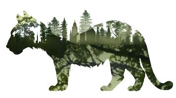 Double expose silhouette of a tiger standing, in the style of photocollage, eco, architecture, photo