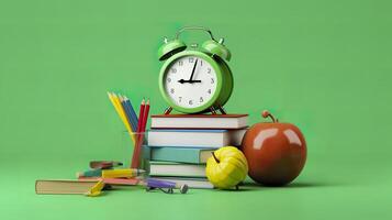 Pop art illustration of School accessories with apples, books, and an alarm clock on the School background. Back to school concept. 3D Rendering, photo