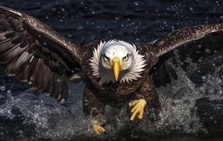 Fishing Bald Eagle, a bald eagle facing camera catches a fish out of the water, in the style of National Geographic contest winner, super telephoto close up. AI Generative photo