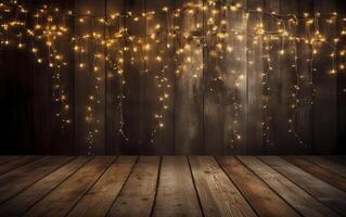 Christmas bokeh background, wooden background with bokeh, glitter stars, rustic wood, and Backdrop for product presentation. photo